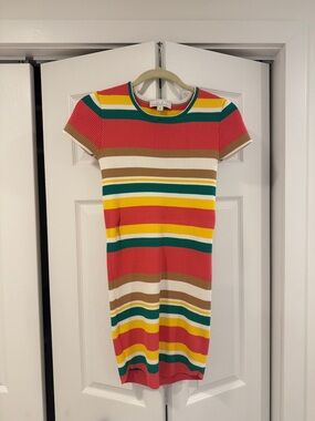 Source Unknown Striped Ribbed Mini Dress - Coral, Yellow, Green, Tan, White